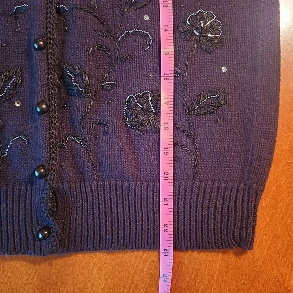 Kathie Lee Collection Vintage Beaded Floral Embellished Cardigan, Medium, Black